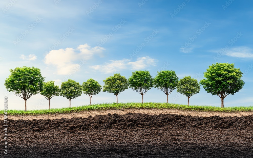 Fototapete A row of trees growing in the shape and pattern of an upward-trending graph. On one side, there is green grass with a blue sky background, while on the other side, there is dry.