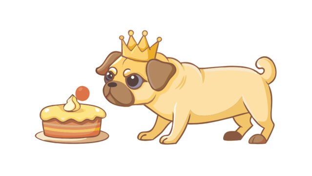 Cute pug dog with crown looking at cake birthday party celebration pet animal cartoon vector illustration