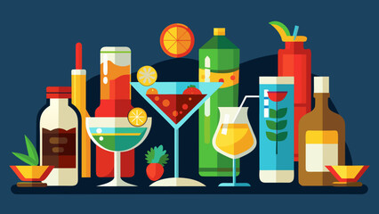 Vector art of an artistic flat design illustration showcasing a sophisticated collection of colorful cocktails and liquor bottles on a dark background