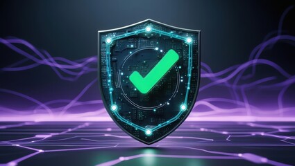 Digital security shield with a green check mark representing protection, cybersecurity, and data privacy in a futuristic abstract setting