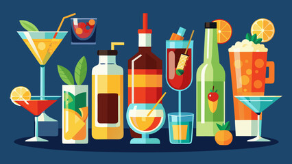 Vector art of a festive array of cocktails and bottles, perfect for any summer gathering