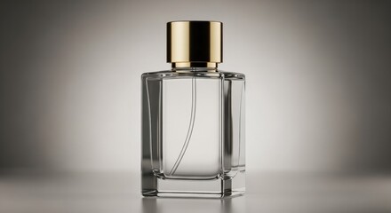 Elegant glass perfume bottle with golden cap on a reflective surface