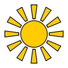 Cartoon icon illustration of a flat style orange yellow color sun with hot rays for sunbathing. Solar system planet, sunset, sunrise.