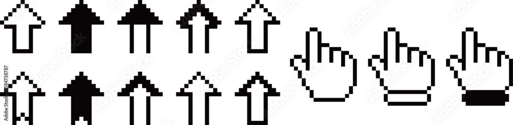 Fototapete Pixel arrow and hand pointer icons set-Set of retro pixel-style black and white arrow and hand cursor icons, commonly used in UI, games, and digital design.
