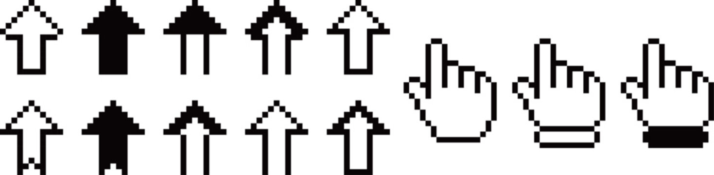 Pixel arrow and hand pointer icons set-Set of retro pixel-style black and white arrow and hand cursor icons, commonly used in UI, games, and digital design.