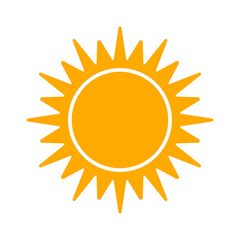 Cartoon icon illustration of a flat style orange yellow color sun with hot rays for sunbathing. Solar system planet, sunset, sunrise.
