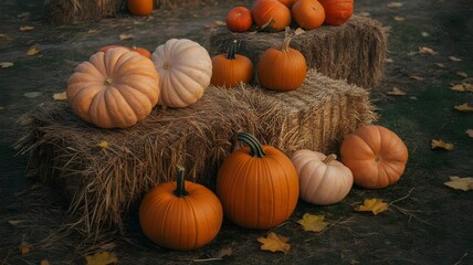 Autumn Harvest Pumpkins and Hay Bales in a Rustic Fall Display Seasonal Decoration