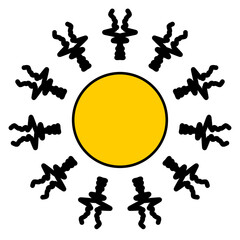 Cartoon icon illustration of a flat style orange yellow color sun with hot rays for sunbathing. Solar system planet, sunset, sunrise.