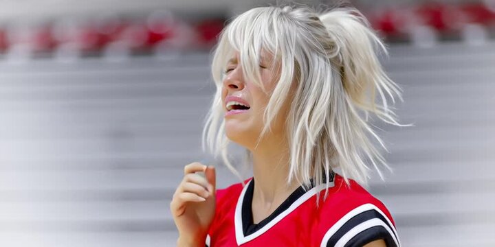 Cheerleader crying - blonde girl in red uniform is sad because her team lost the championship game