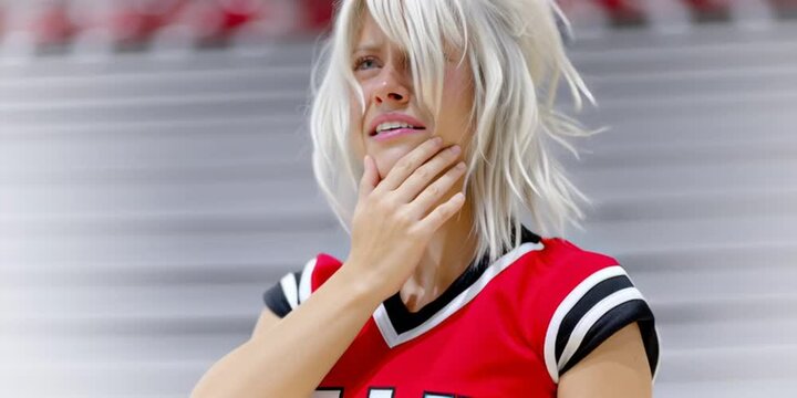 Cheerleader crying - blonde girl in red uniform is sad because her team lost the championship game