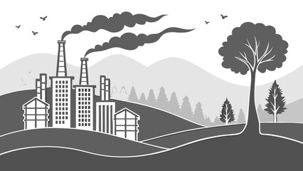 Obraz premium Factory pollution vs nature concept vector illustration landscape with trees and industrial buildings