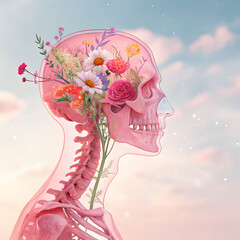 A surreal and artistic side profile of a translucent human head with glowing abstract shapes inside, creating a futuristic and imaginative look.
