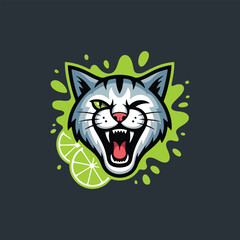 Zesty Winking Cat Mascot Logo: A Grinning Feline with Green Splatter and Lime Slices – Perfect for Energetic Brands, Citrus-Flavored Drinks, or Playful Entertainment

