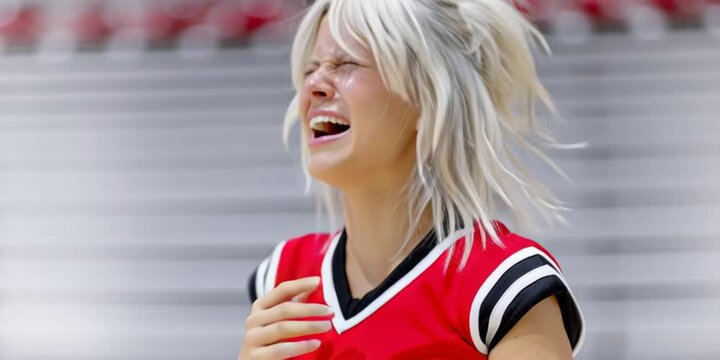Cheerleader crying - blonde girl in red uniform is sad because her team lost the championship game