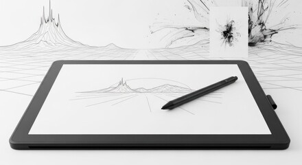 Digital tablet drawing a landscape with stylus and abstract ink drawing