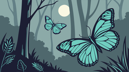 Beautiful butterfly illustration in forest scene with moon at night vector graphic design art