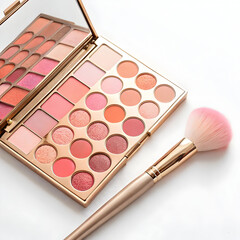 An open makeup palette with a variety of blush tones and a makeup brush placed beside it, arranged neatly on a clean surface for a stylish and colorful look.