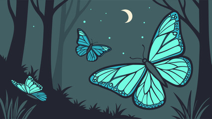 Fototapeta premium Turquoise butterfly vector illustration in a dark forest scene with moon and stars graphic design art