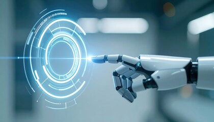 Futuristic robotic arm interacting with digital interface in high-tech laboratory or advanced technology environment with glowing holographic elements
