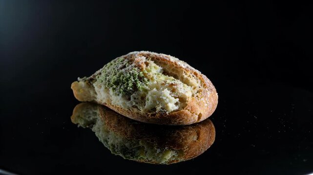 there is a piece of bread with a green topping on a black plate