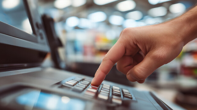 Closeup hand press button code for input access password at counter cashier machine with monitor in supermarket