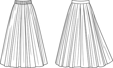 Long pleated skirt front and back fashion flat sketch, vector CAD illustration for clothing design, perfect for fashion templates