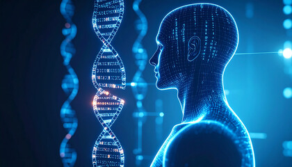 Human Genome Project: Digital rendering of a human profile alongside a DNA double helix, symbolizing the intricate relationship between genetics and human identity.