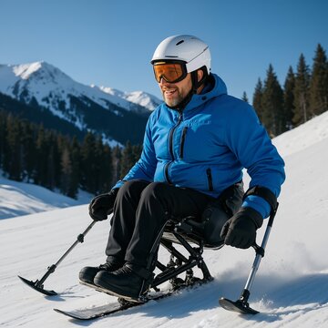 Man in sit ski with outriggers enjoying adaptive skiing on a snowy mountain slope. Winter sport for people with disability.