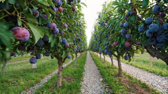 a close up of a row of plum trees with purple fruit on them