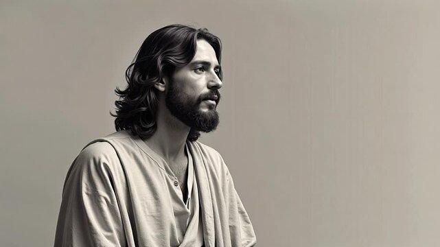 Behold a serene grayscale portrait of Jesus Christ in gentle profile with realistic facial features and hair, bathed in soft light against a minimalist beige setting.