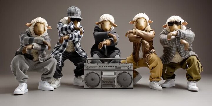 Anthropomorphized sheep hip-hop rap group posing by boom box - retro 20th century vintage music