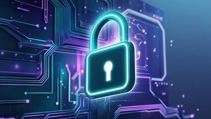 Futuristic digital security lock symbol with glowing neon outline on technological circuit background representing cybersecurity encryption and data protection