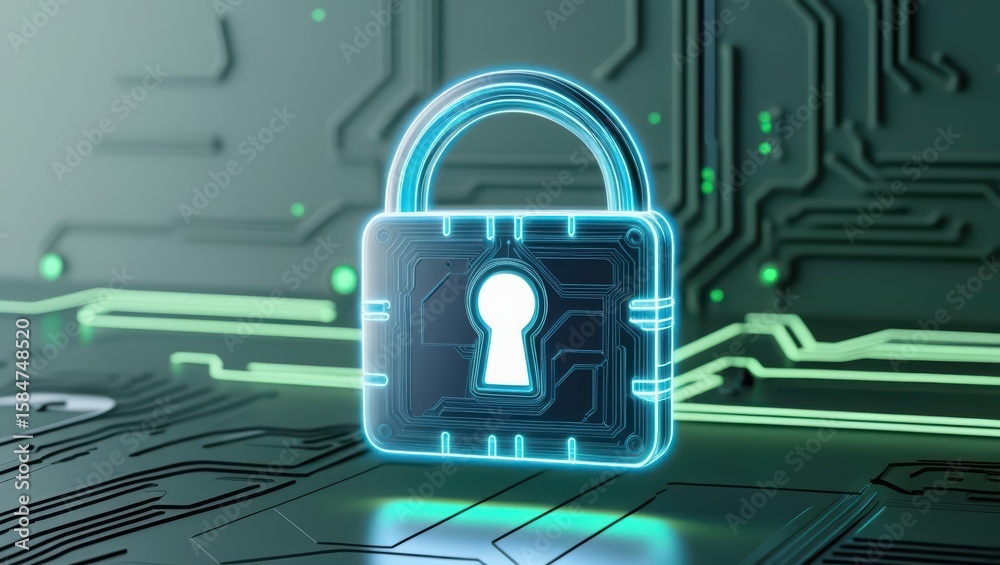 Poster futuristic illuminated digital lock icon representing cybersecurity in a high-tech circuit board env