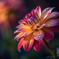 Macro close-up of a single vibrant flower with dew drops on its petals, showing rich colors and fine natural details for a fresh, lively feel.