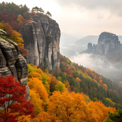 Panoramic view of dramatic stone cliffs with vivid textures and rich natural colors, creating a powerful and breathtaking landscape scene.