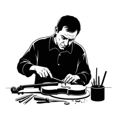 A man carefully repairs a violin with tools on a table, focused on his craft.