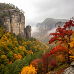 Panoramic view of dramatic stone cliffs with vivid textures and rich natural colors, creating a powerful and breathtaking landscape scene.
