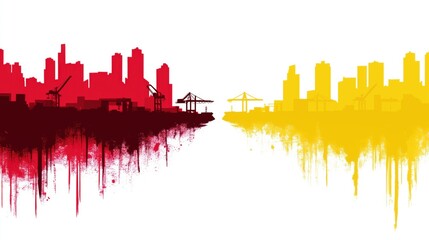 Fototapeta premium Urban skyline mural featuring contrasting colors and silhouettes of buildings with cranes near water.