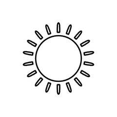 Cartoon icon illustration of a flat style black line sun with heat rays for sunbathing. Solar system planet, sunset, sunrise.