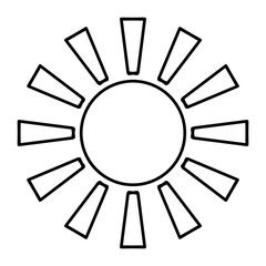 Cartoon icon illustration of a flat style black line sun with heat rays for sunbathing. Solar system planet, sunset, sunrise.