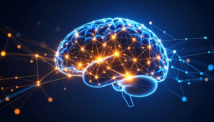 Illuminated Neural Network: A stylized 3D rendering of a human brain, its neural pathways depicted as glowing nodes and connections, set against a dark backdrop.