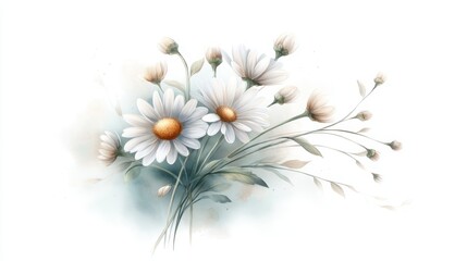 Fototapeta premium A delicate bouquet of white daisies with yellow centers and soft green stems, rendered in a light, watercolor style on a white background.