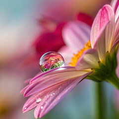Perfectly spherical water droplet resting on a flower petal, showing clear reflections and delicate details for a fresh and peaceful look.