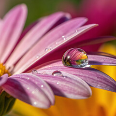 Perfectly spherical water droplet resting on a flower petal, showing clear reflections and delicate details for a fresh and peaceful look.