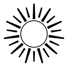 Cartoon icon illustration of a flat style black line sun with heat rays for sunbathing. Solar system planet, sunset, sunrise.