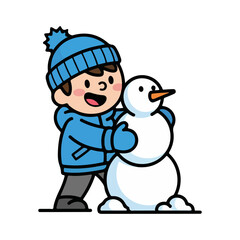 Naklejka premium Cartoon character building a snowman, winter fun theme. Vector flat design cartoon. AI generated images. 