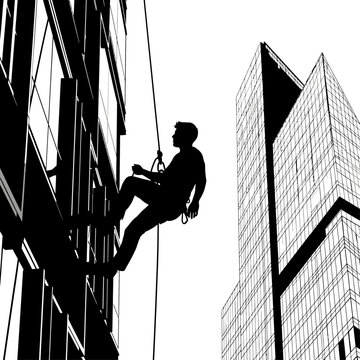 Silhouette of a man rappelling down a skyscraper, with another building in the background, against a white backdrop.