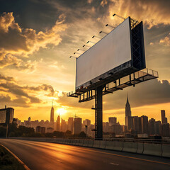 Street-level view of a blank city billboard during the day, surrounded by urban buildings and clear skies, ready for advertising.