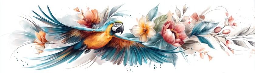 Obraz premium A vibrant illustration of a blue and orange parrot soaring through a floral arrangement of blooming flowers and delicate leaves.