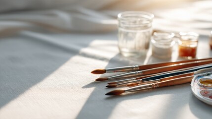 A set of paintbrushes resting on a white canvas with jars of water and paint in soft natural light.